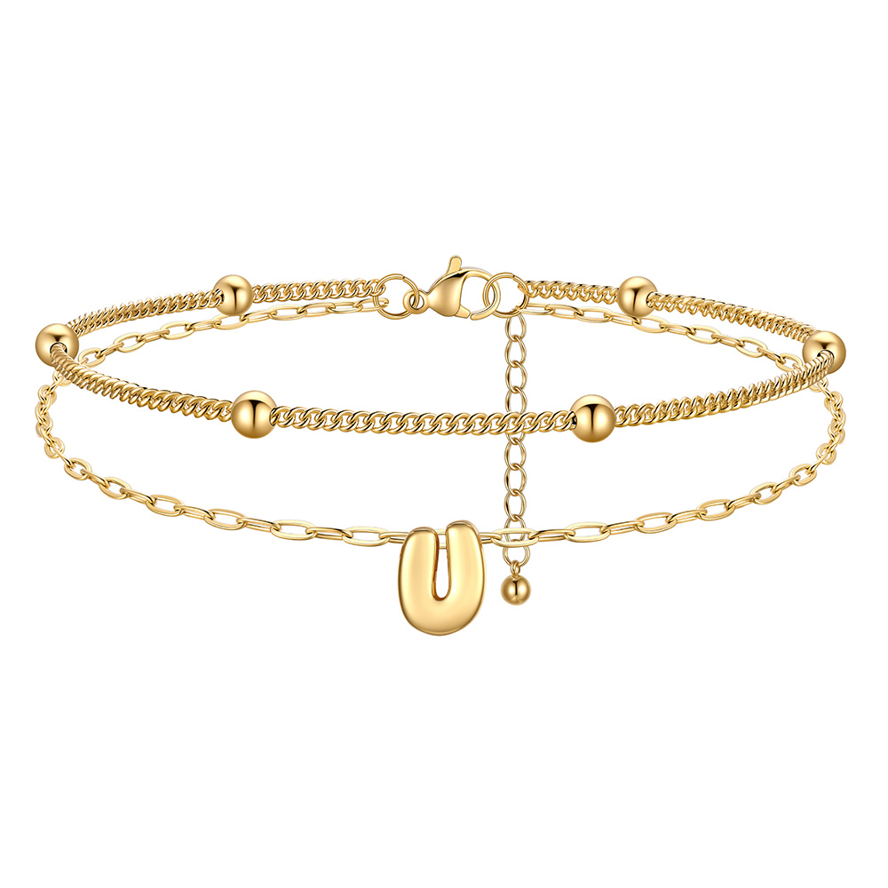 Bubble Initial Layered Anklet for Women U Gold 