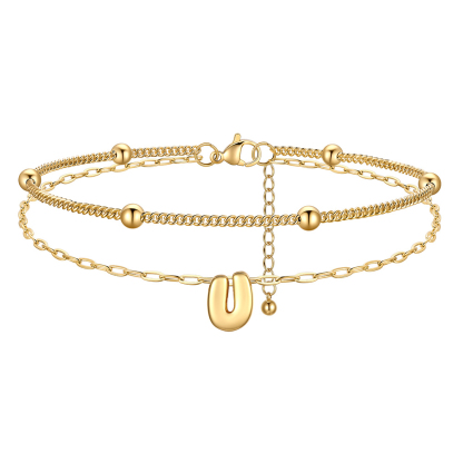 Bubble Initial Layered Anklet for Women U Gold 