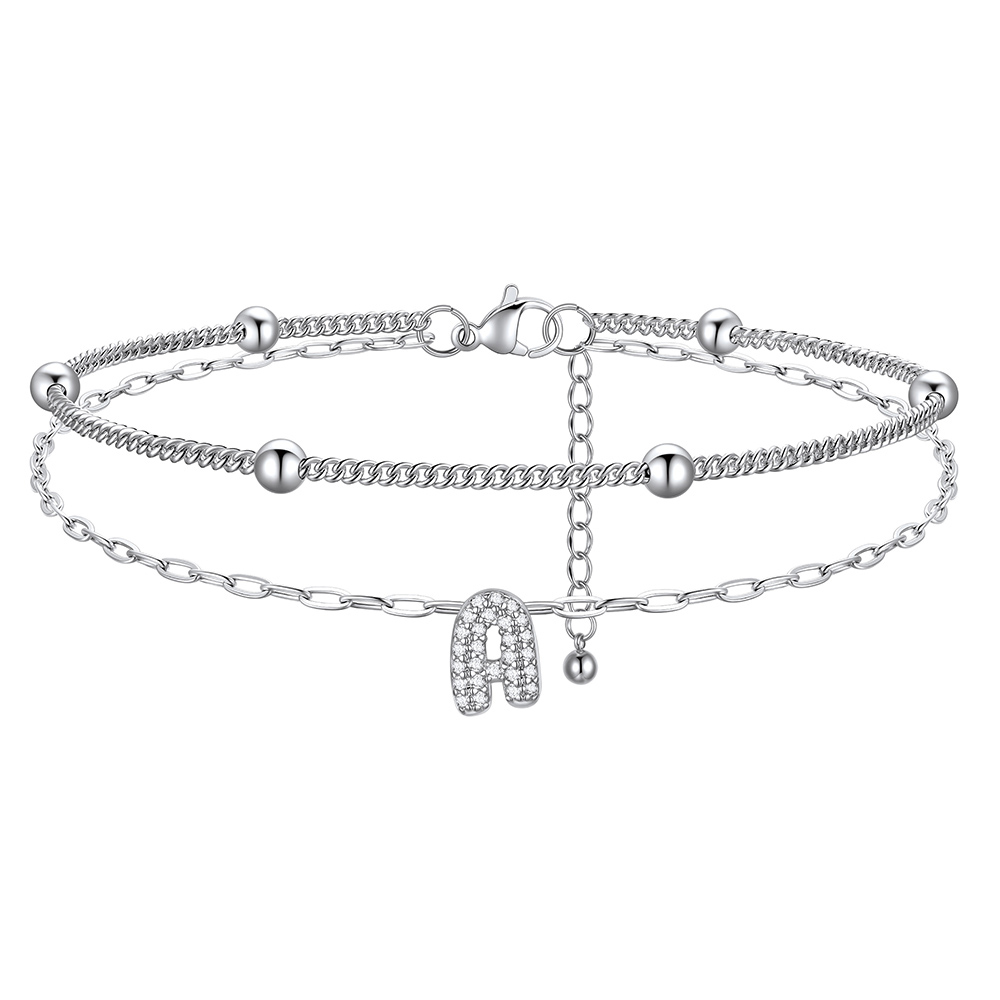 CZ Bubble Initial Anklet with Layered Chains A