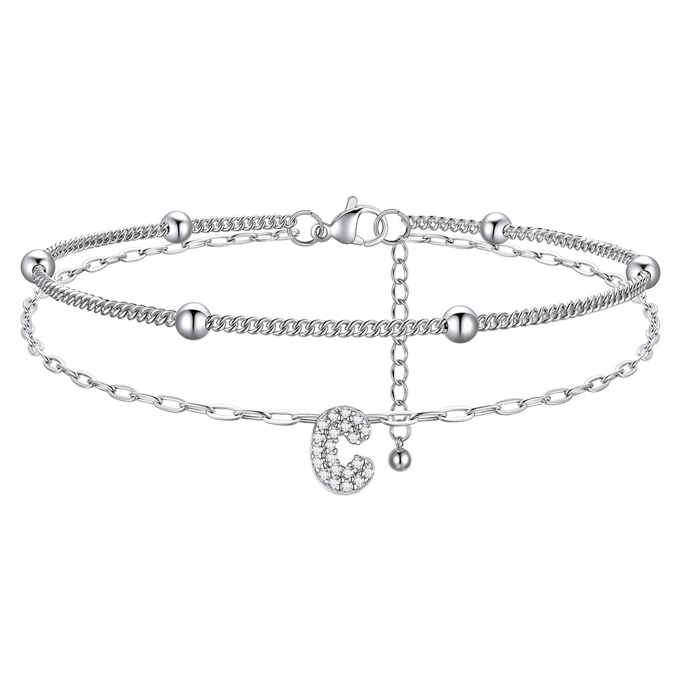 CZ Bubble Initial Anklet with Layered Chains C