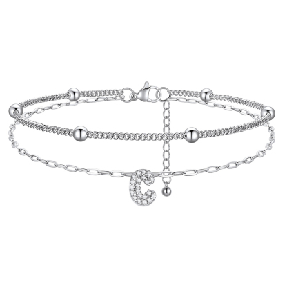CZ Bubble Initial Anklet with Layered Chains C