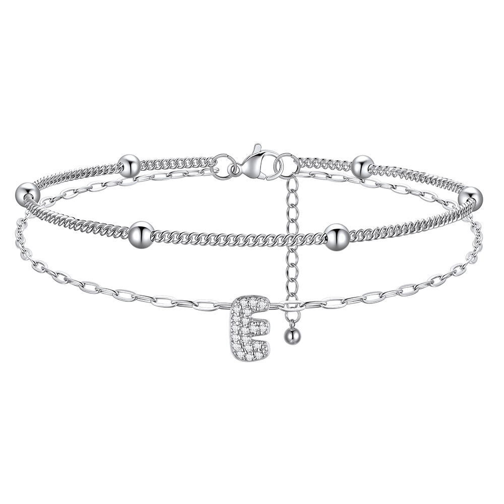 CZ Bubble Initial Anklet with Layered Chains E