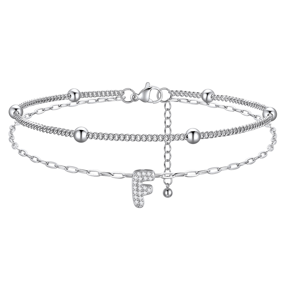 CZ Bubble Initial Anklet with Layered Chains F