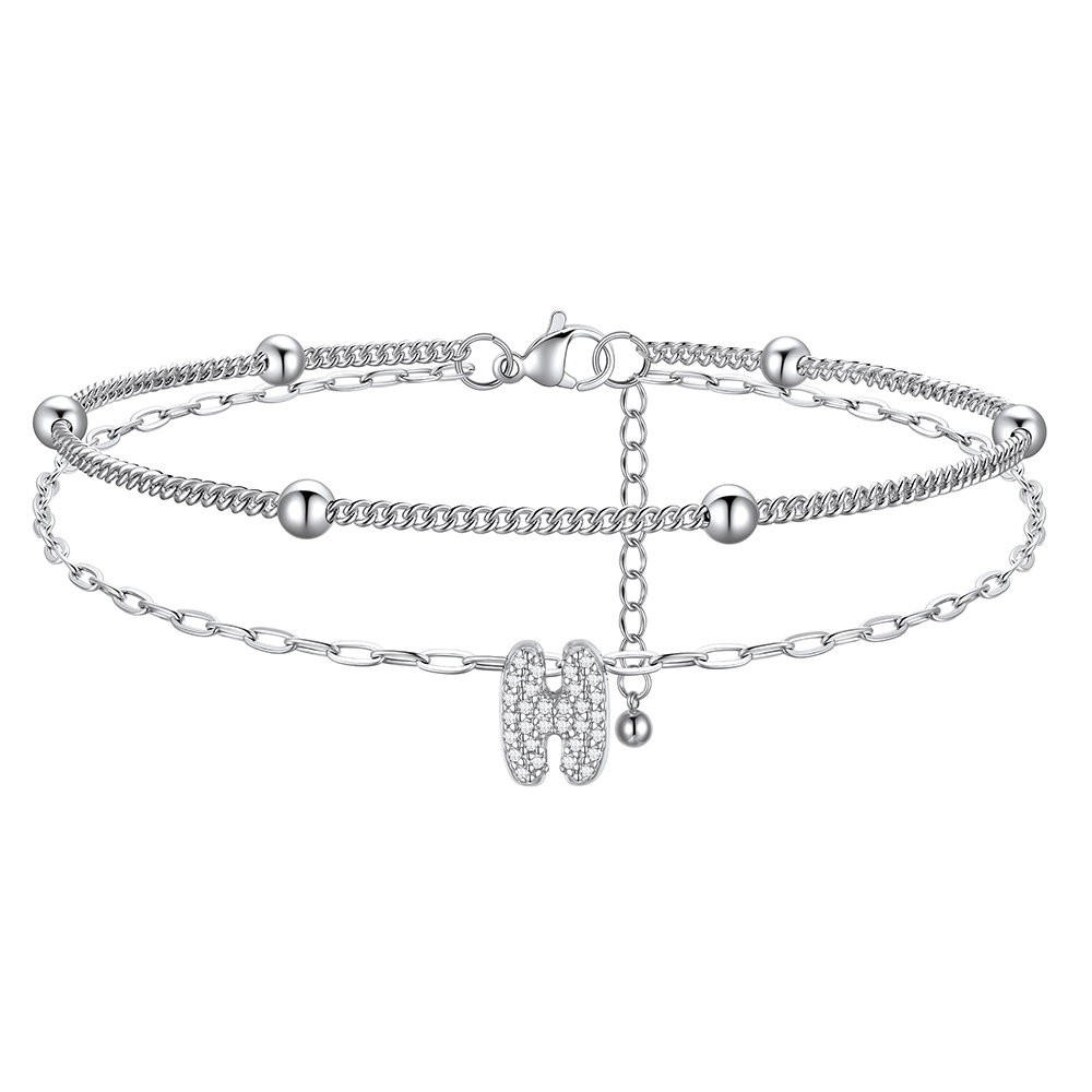 CZ Bubble Initial Anklet with Layered Chains H