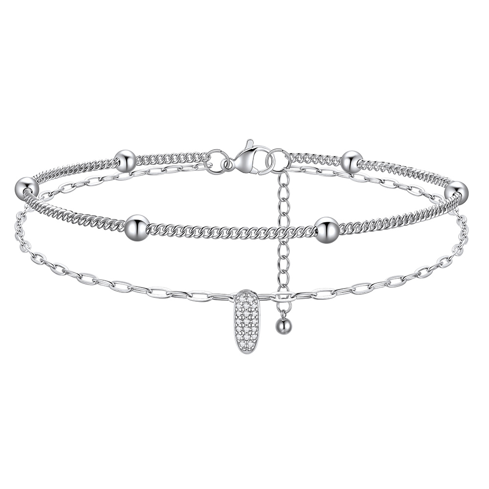 CZ Bubble Initial Anklet with Layered Chains I