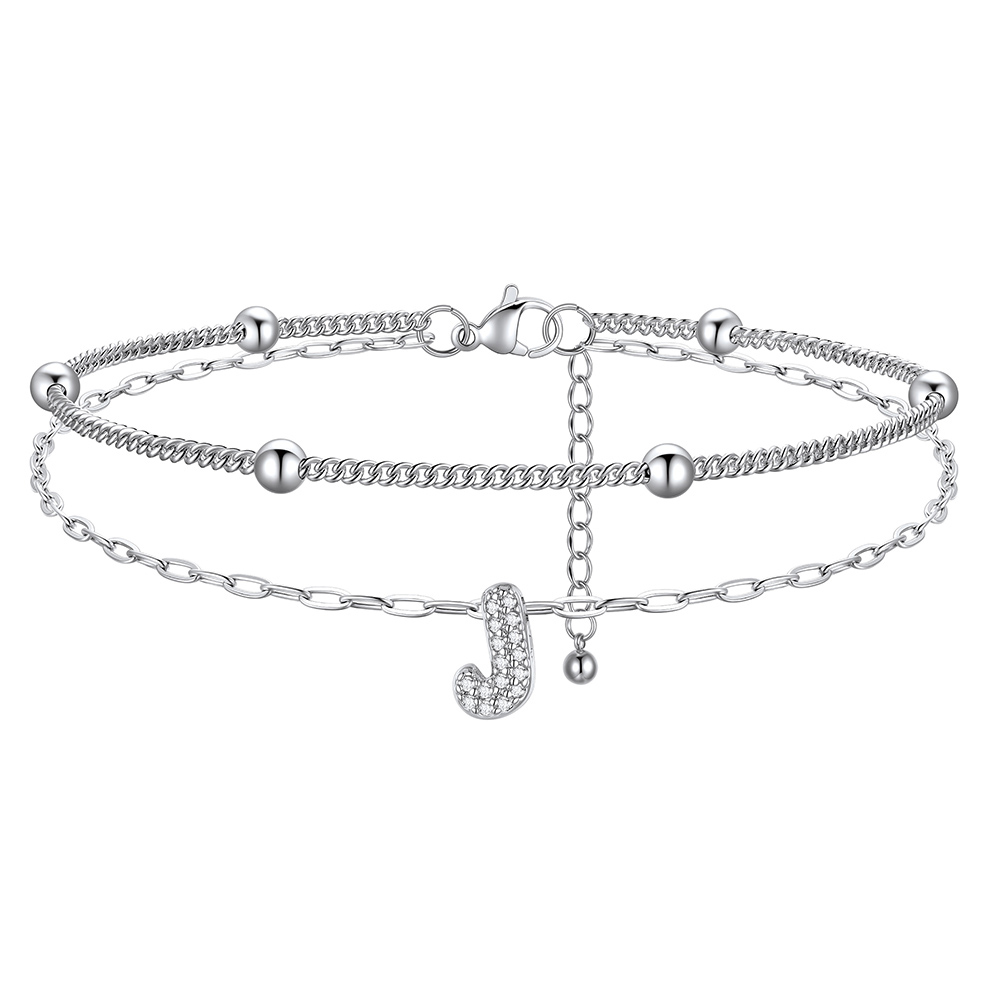 CZ Bubble Initial Anklet with Layered Chains J