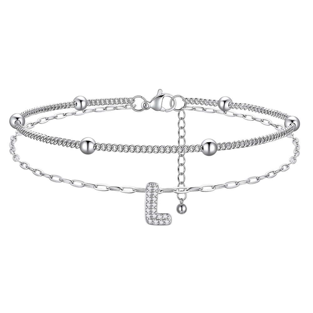 CZ Bubble Initial Anklet with Layered Chains L