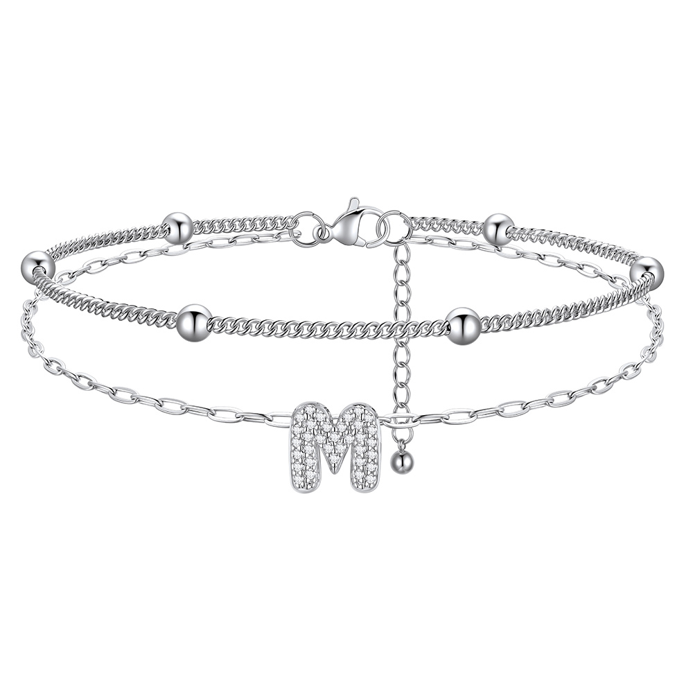 CZ Bubble Initial Anklet with Layered Chains M