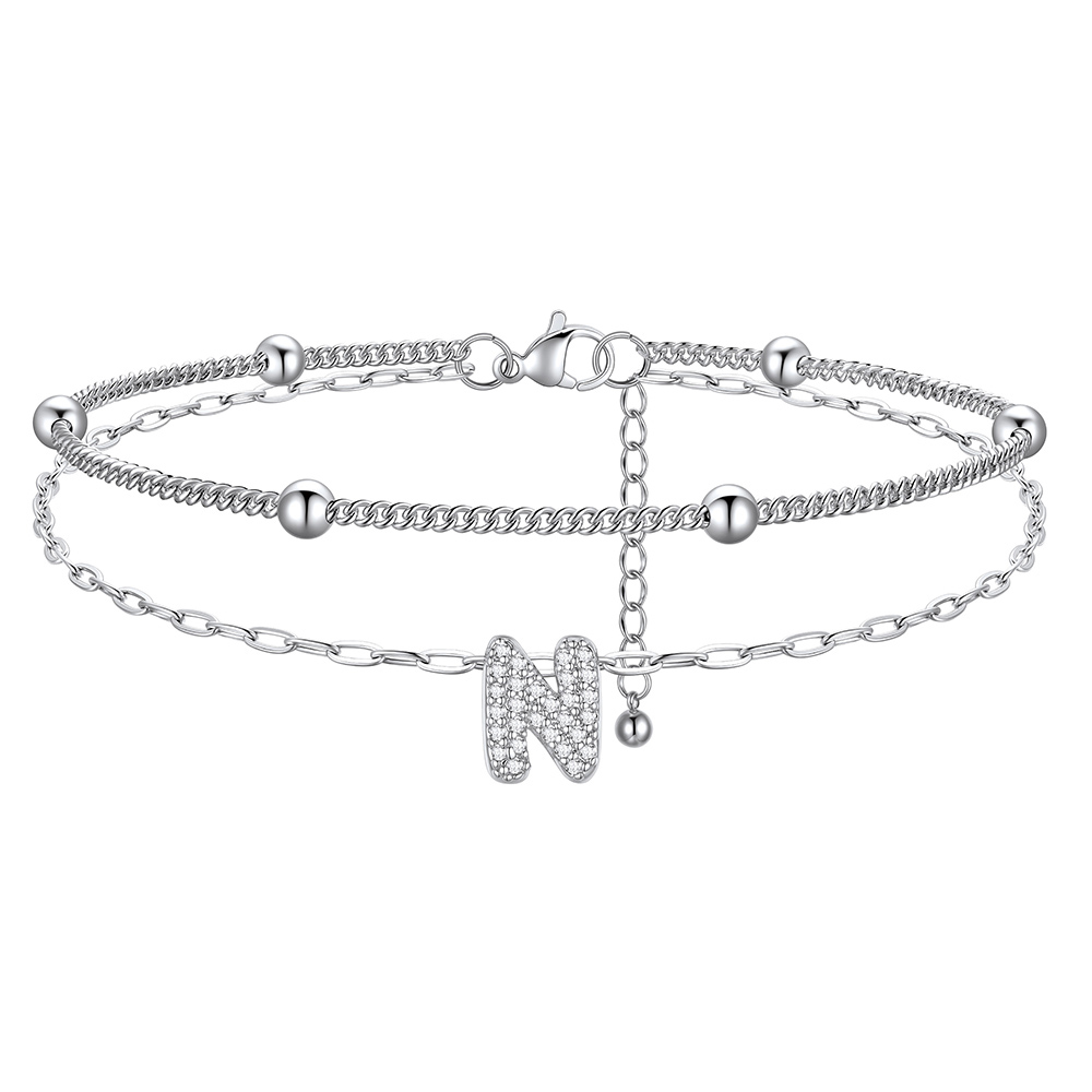 CZ Bubble Initial Anklet with Layered Chains N