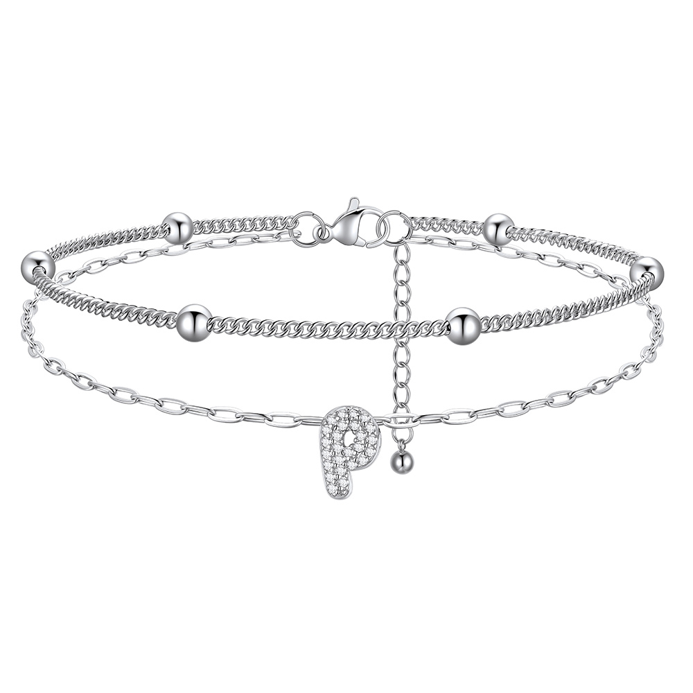 CZ Bubble Initial Anklet with Layered Chains P
