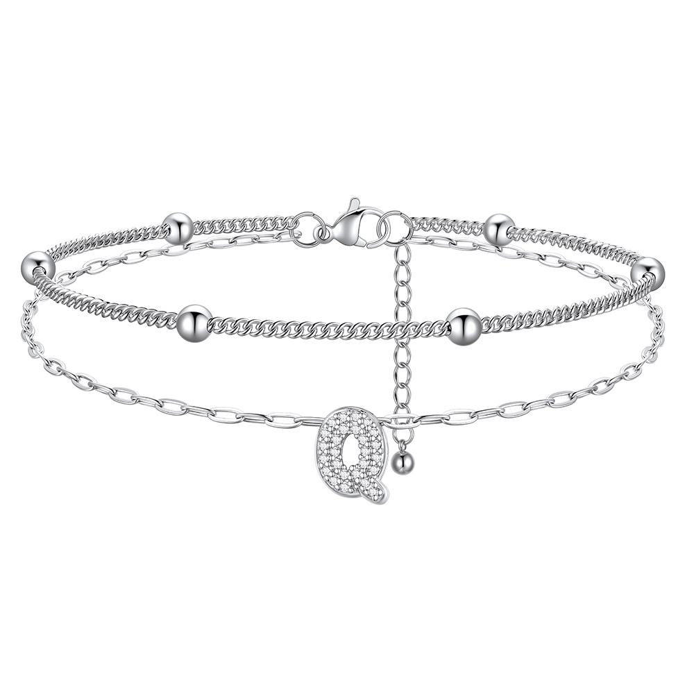 CZ Bubble Initial Anklet with Layered Chains Q