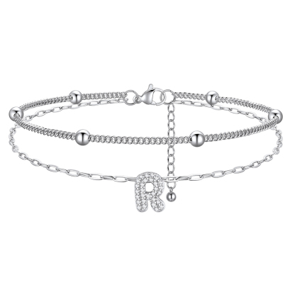 CZ Bubble Initial Anklet with Layered Chains R