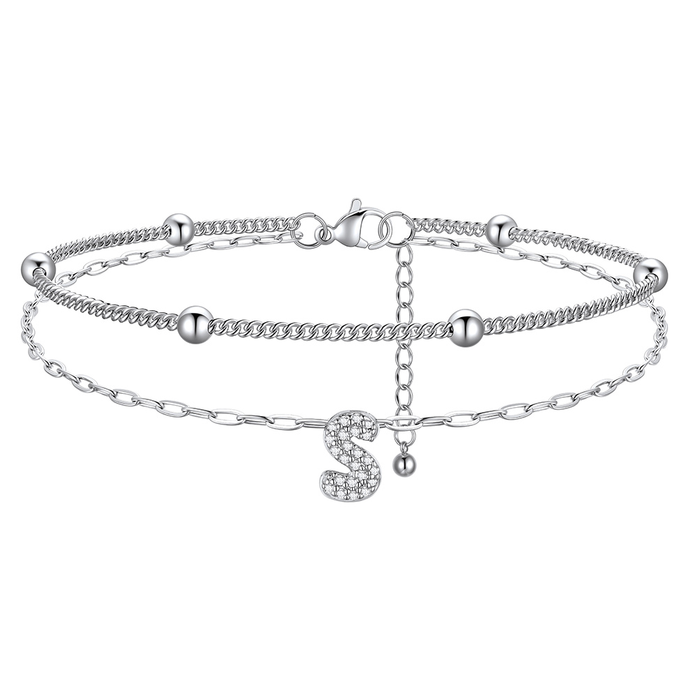 CZ Bubble Initial Anklet with Layered Chains S