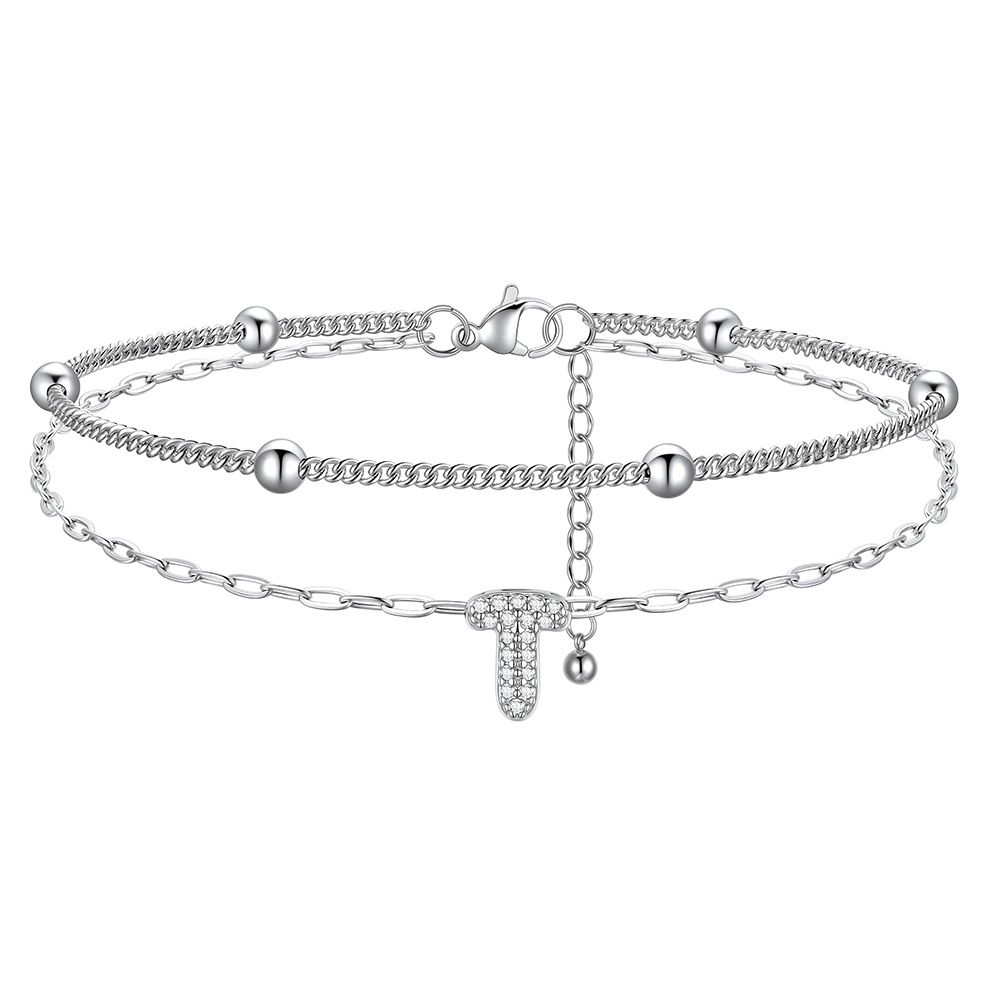 CZ Bubble Initial Anklet with Layered Chains T