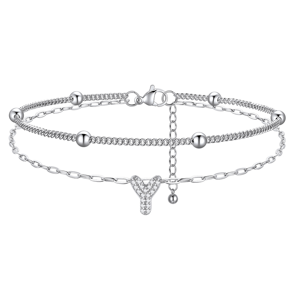 CZ Bubble Initial Anklet with Layered Chains Y