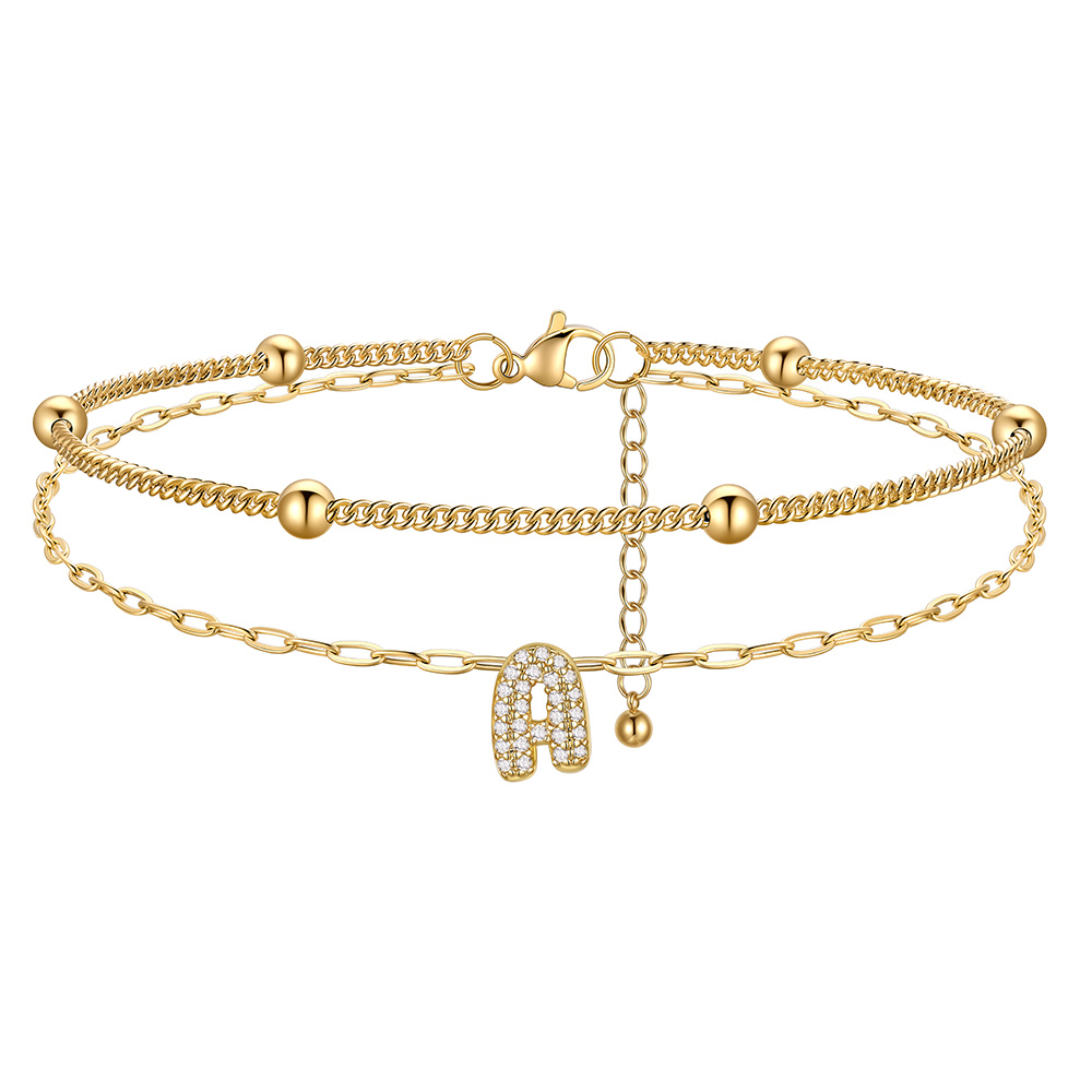 CZ Bubble Initial Anklet with Layered Chains