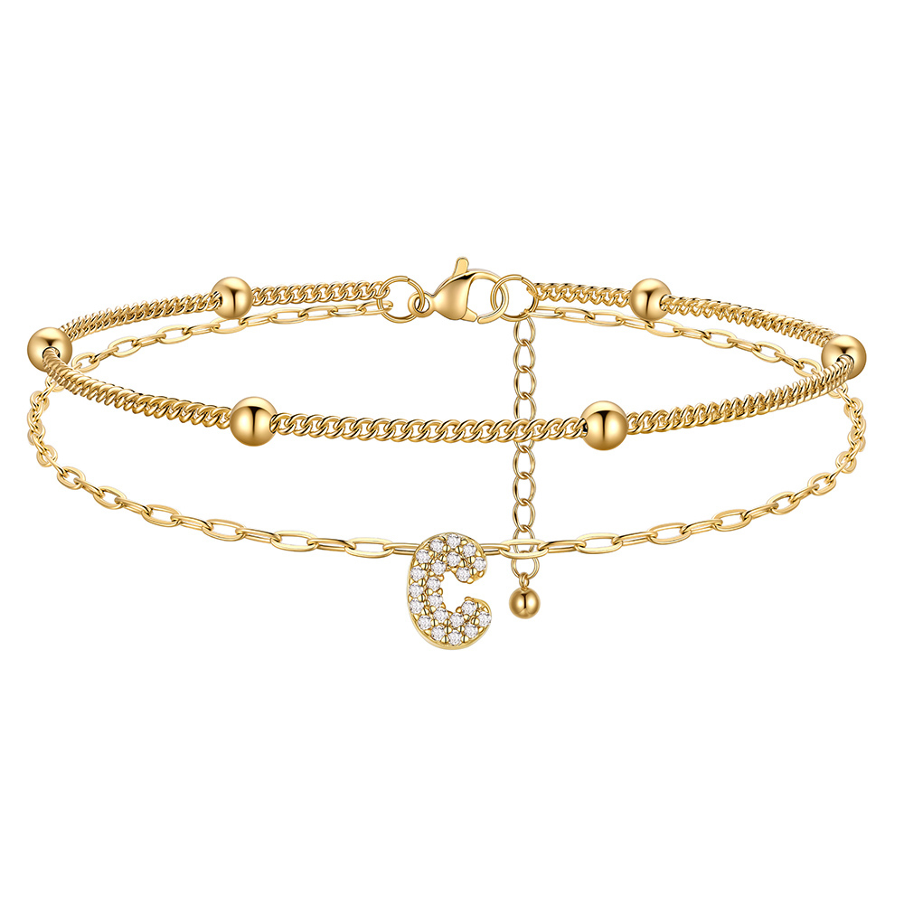 CZ Bubble Initial Anklet with Layered Chains
