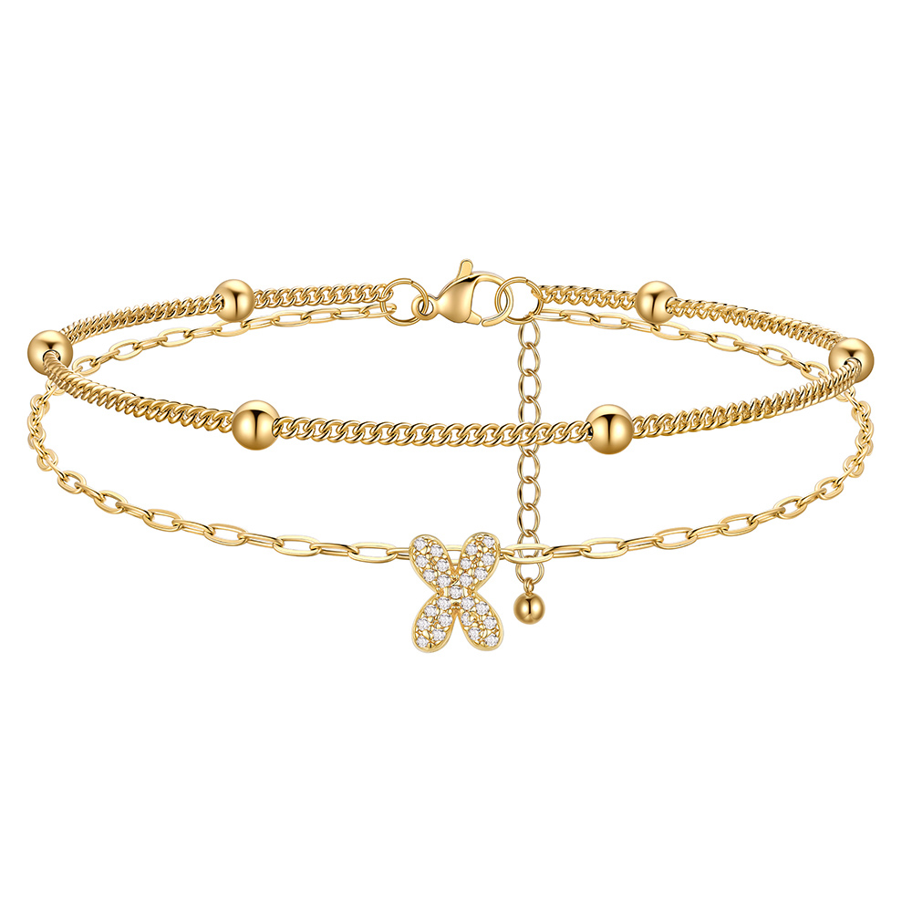 CZ Bubble Initial Anklet with Layered Chains