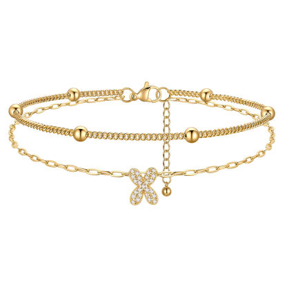 CZ Bubble Initial Anklet with Layered Chains