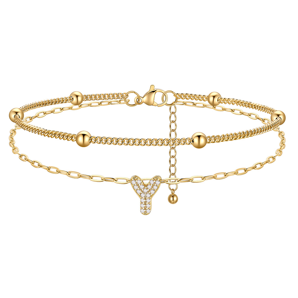 CZ Bubble Initial Anklet with Layered Chains