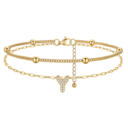 CZ Bubble Initial Anklet with Layered Chains