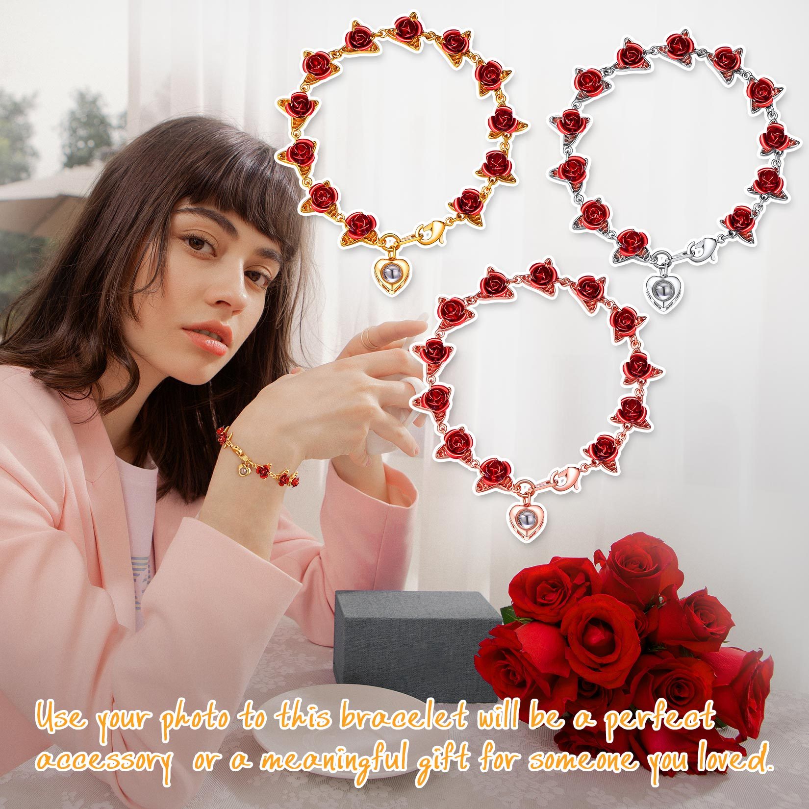 Heart Photo Projection Red Rose Link Bracelets Romantic Gift For Lover PICTURE