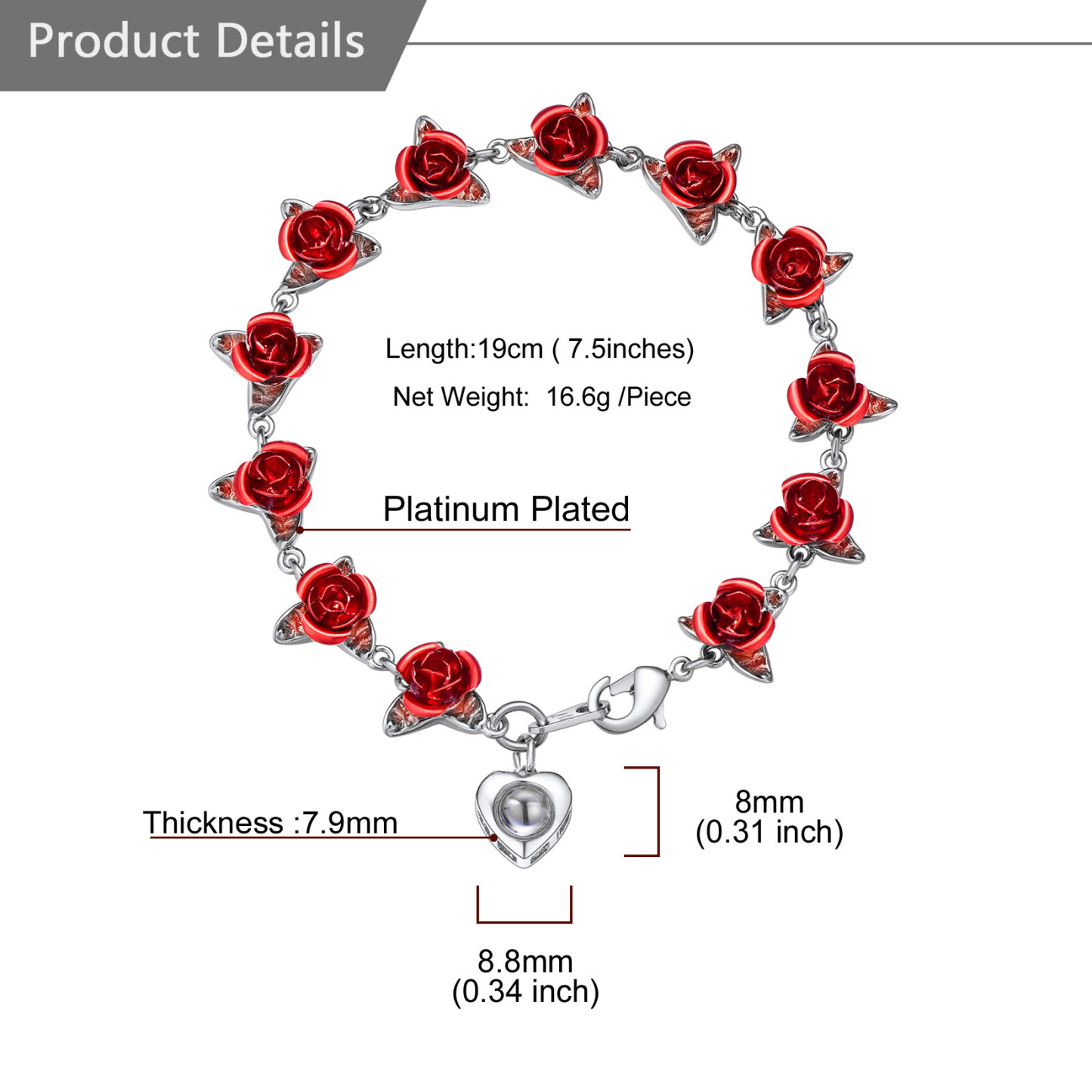Heart Photo Projection Red Rose Link Bracelets Romantic Gift For Lover detail