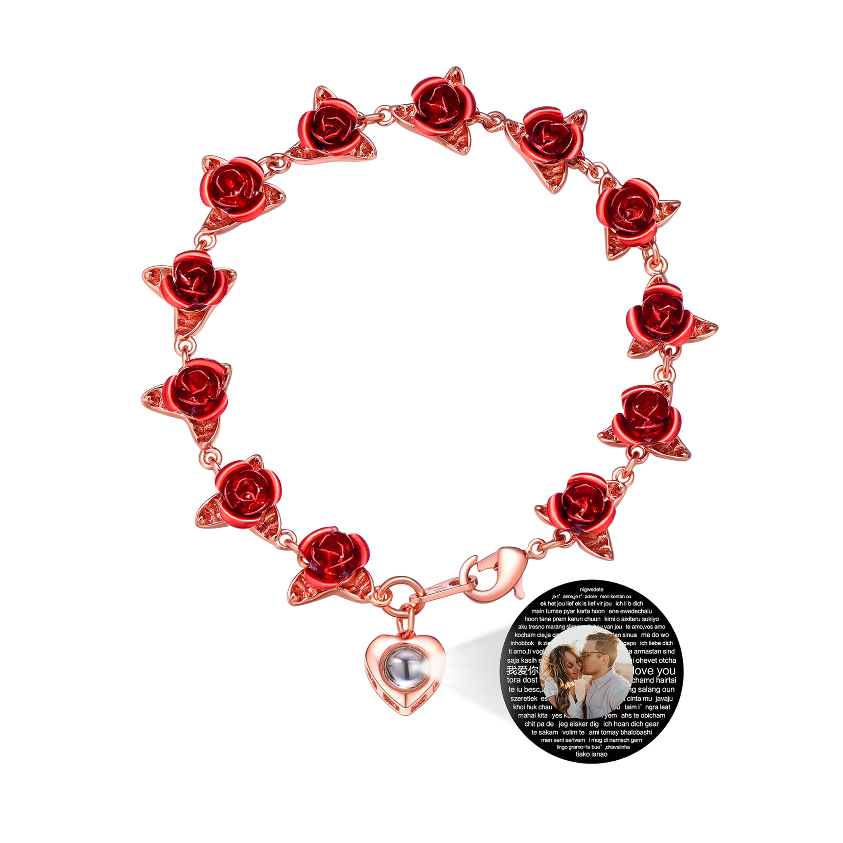 Heart Photo Projection Red Rose Link Bracelets Romantic Gift For Lover ROSE GOLD template A