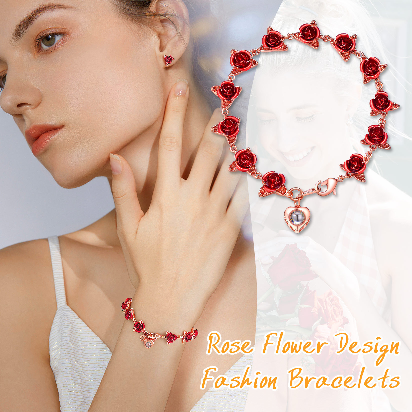 Heart Projection Red Rose Link Bracelets 