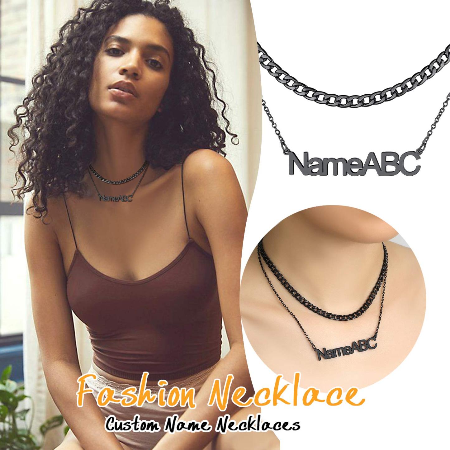 Custom Name Plate Layered Cuban Chain Necklace for Women black