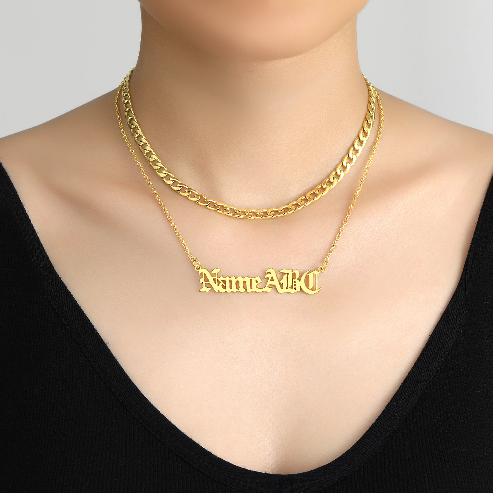Custom Name Plate Layered Cuban Chain Necklace gold model