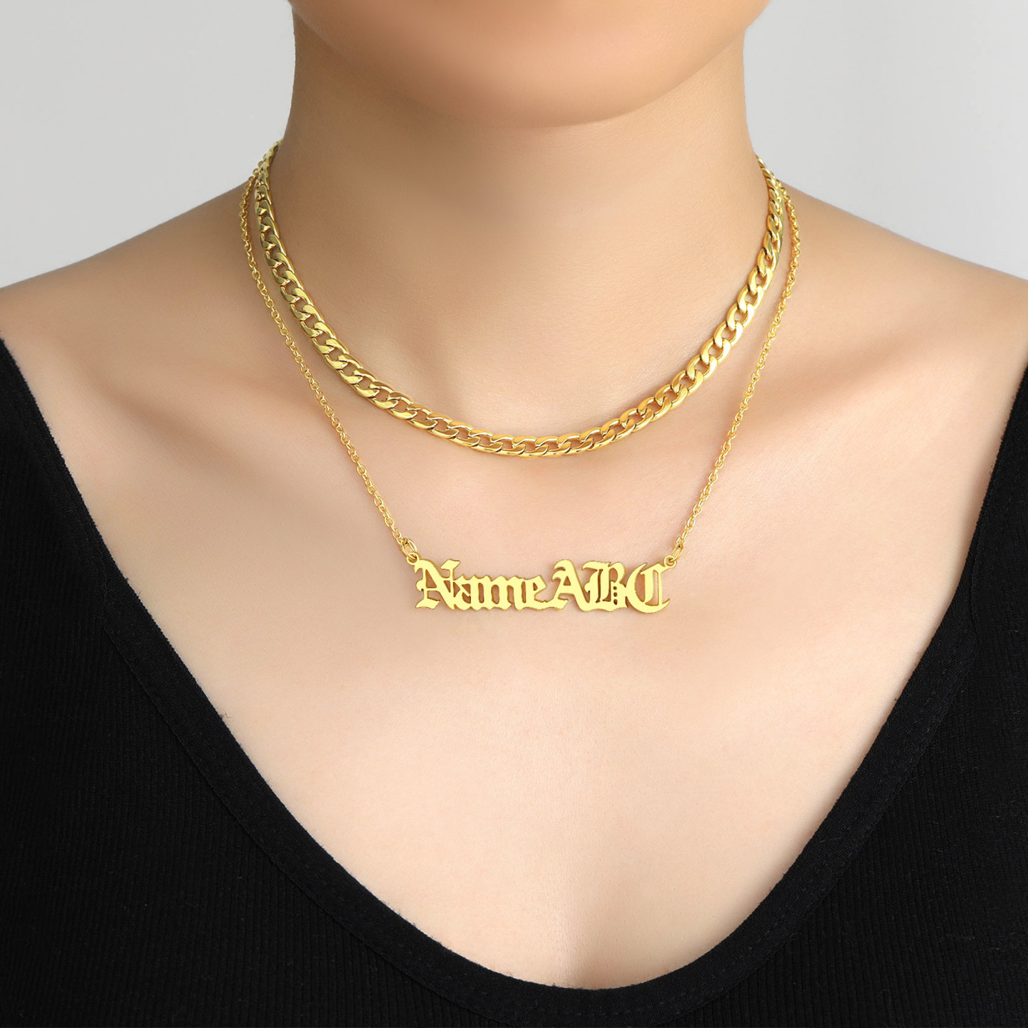 Custom Name Plate Layered Cuban Chain Necklace gold model