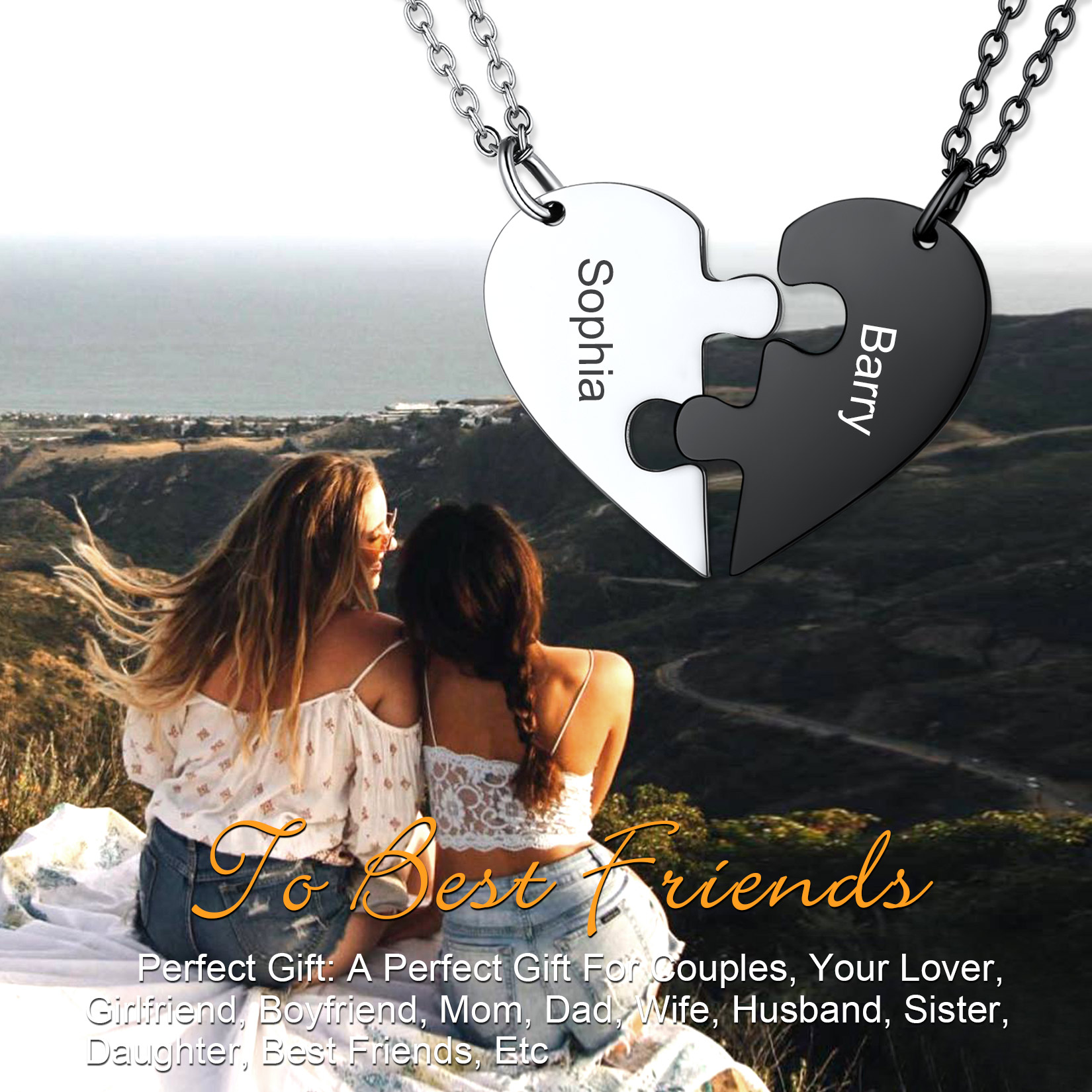 Personalized Name Engraved Heart Necklace for Couple