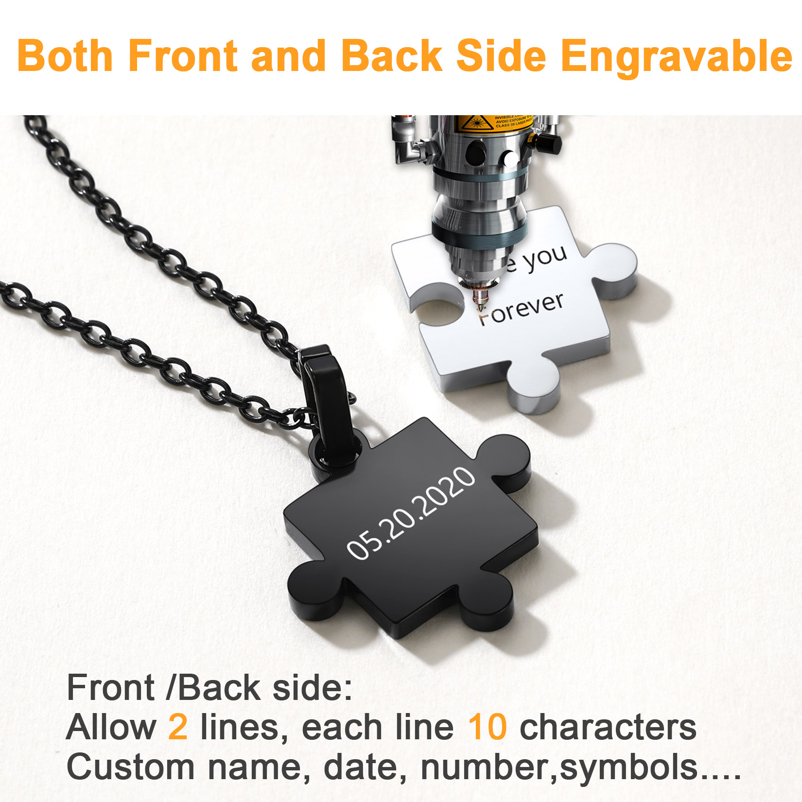 Custom Stainless Steel Puzzle for 2 Pieces Pendant Necklace front/back side engraved
