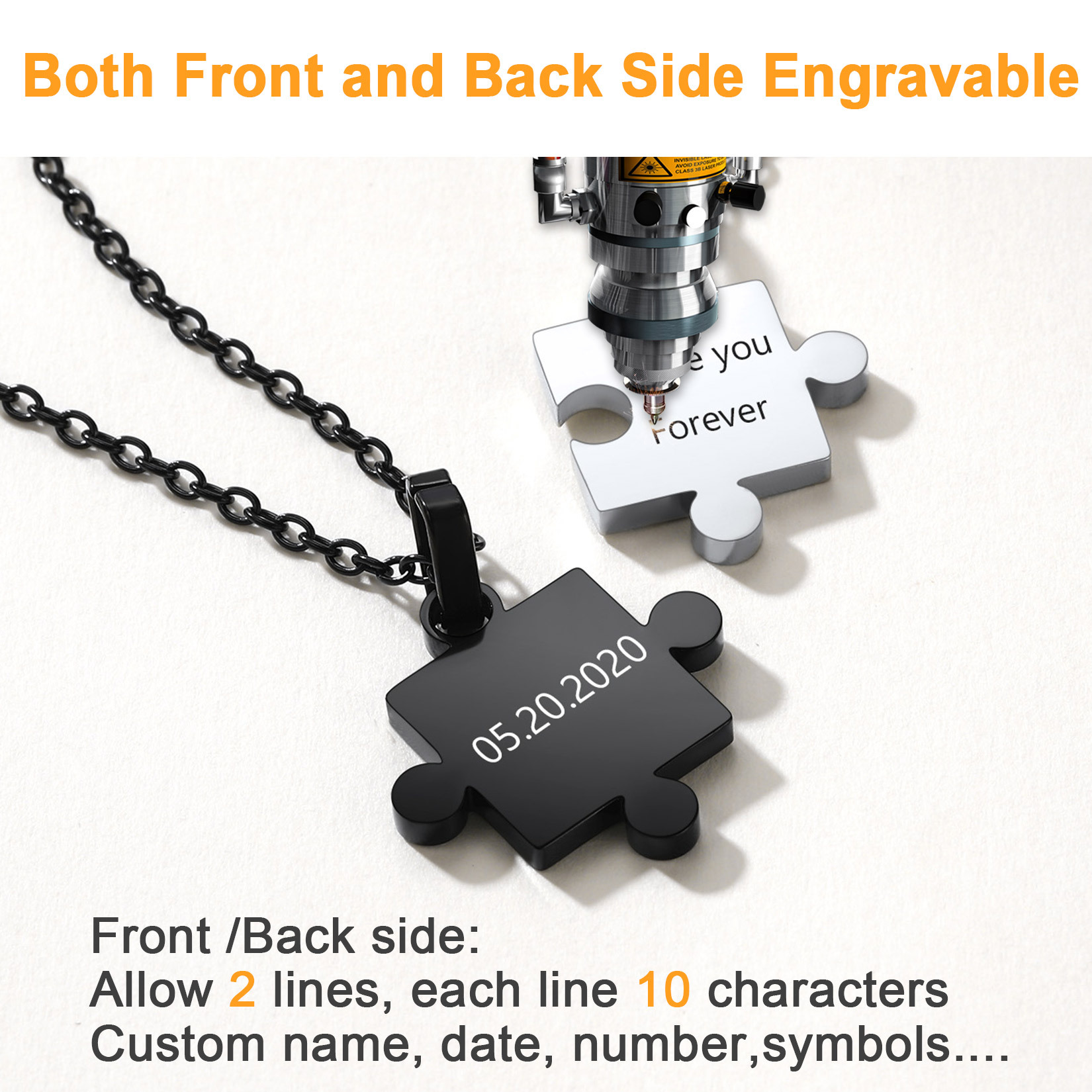 Custom Stainless Steel Puzzle for 2 Pieces Pendant Necklace front/back side engraved