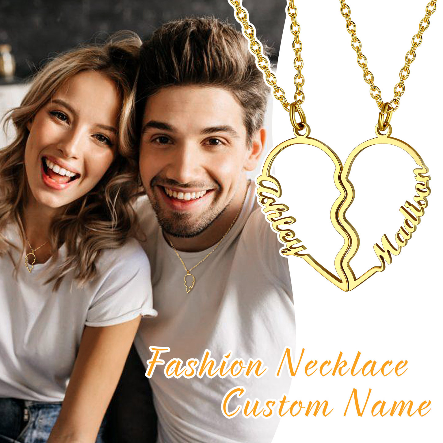 Personalized Name Heart Puzzle Matching Pendant Necklaces custom
