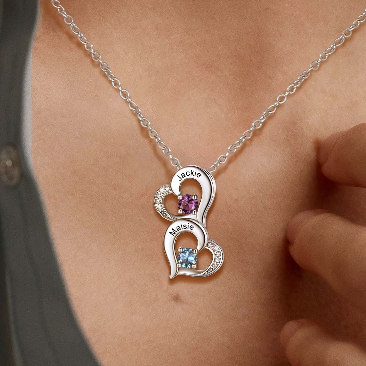 Personalized Heart 2 Birthstone Necklace for Mom