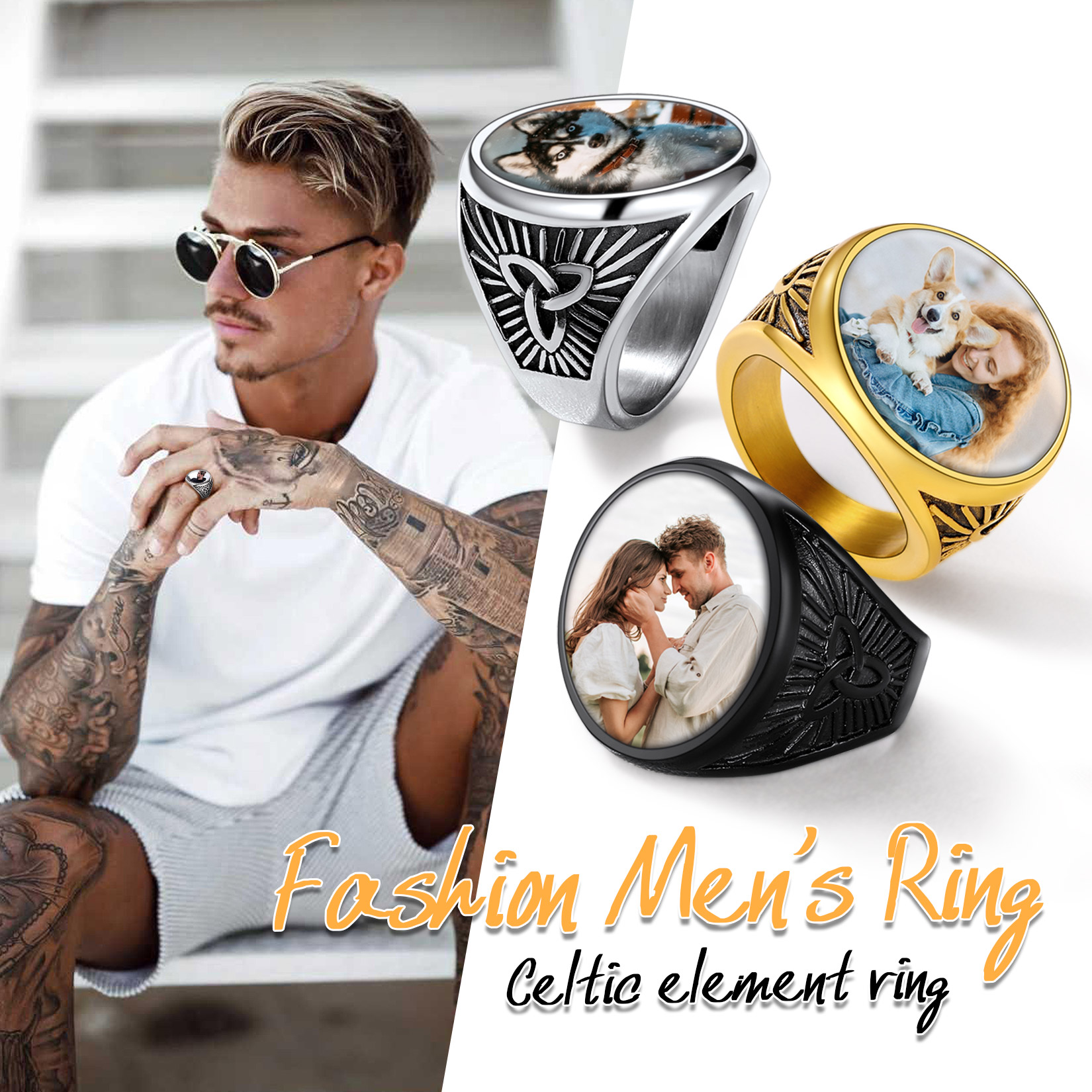 Personalized Celtic Knot Round Signet Ring with Picture for him