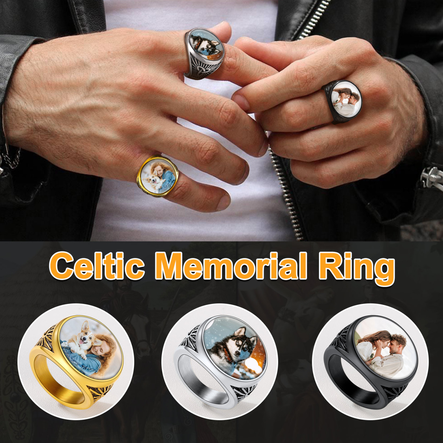 Personalized Celtic Knot Round Signet Ring with Picture for Men memorial gift