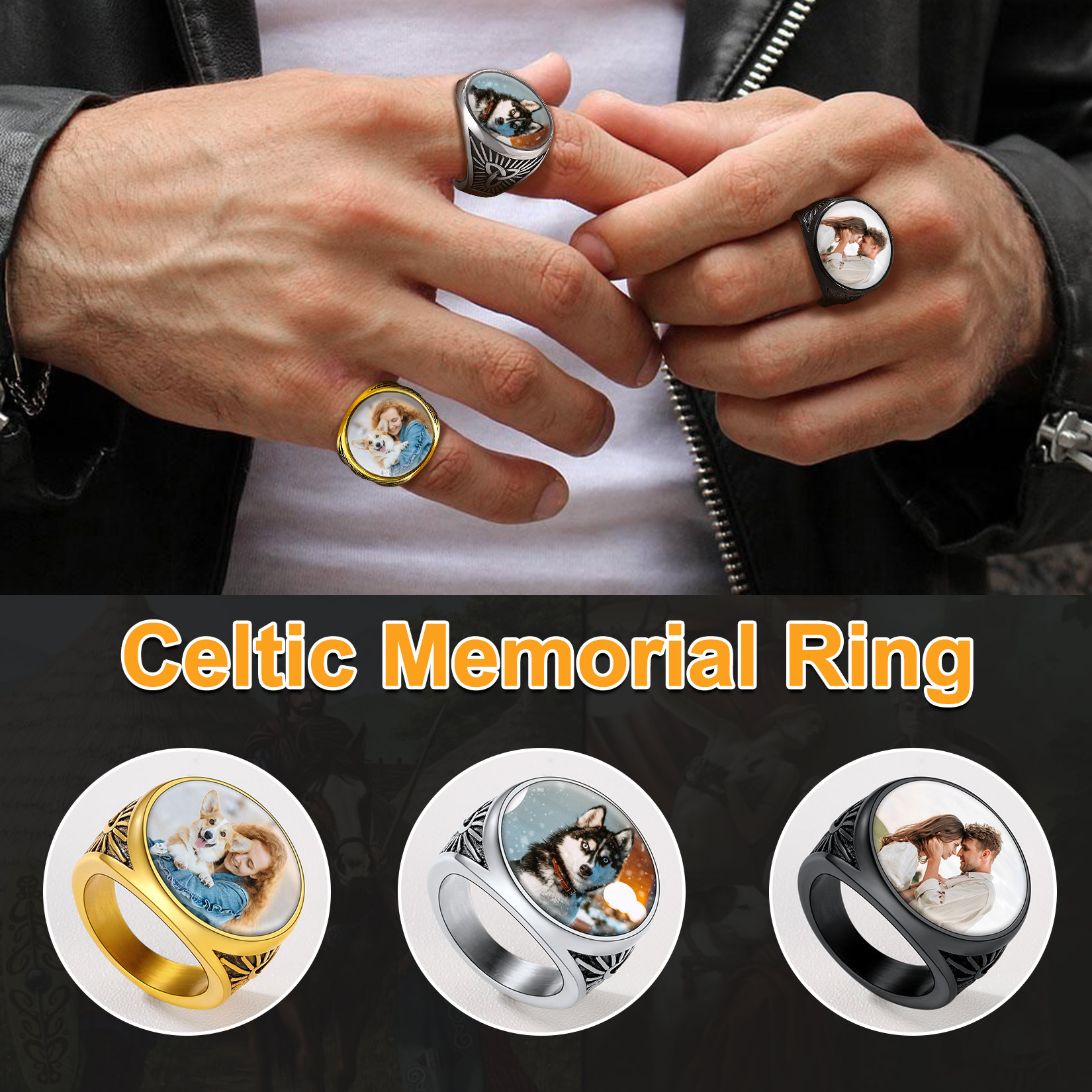 Personalized Celtic Knot Round Signet Ring with Picture for Men memorial gift
