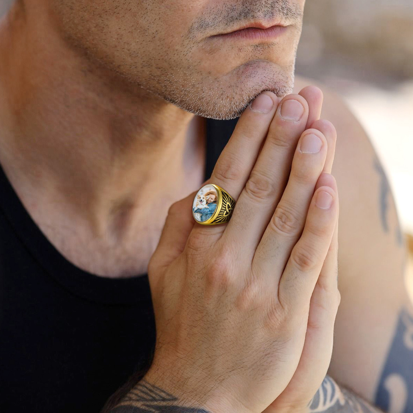 Personalized Celtic Knot Round Signet Ring with Picture model