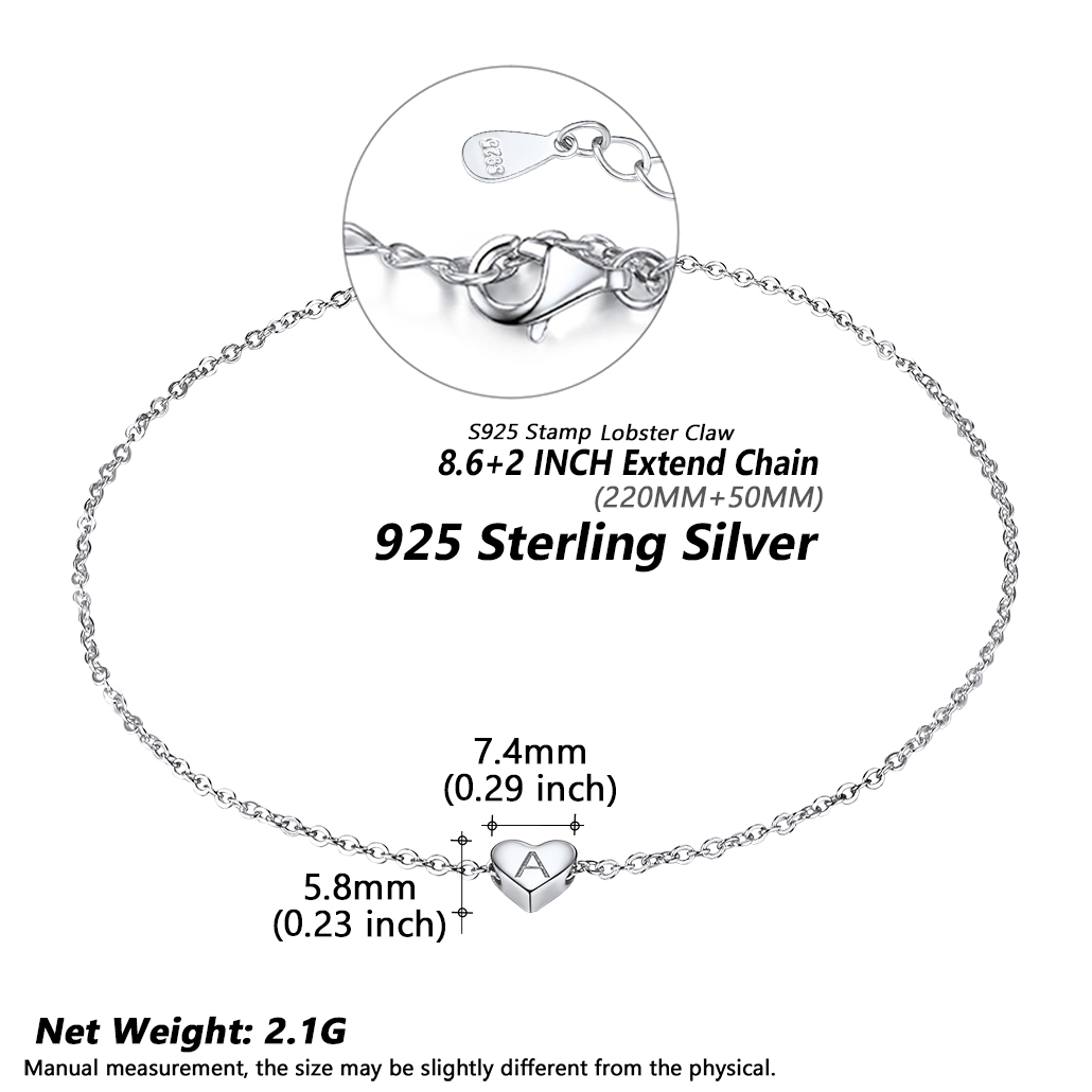 925 Sterling Silver Initial Anklets Dainty Heart Ankle Bracelet For Women size