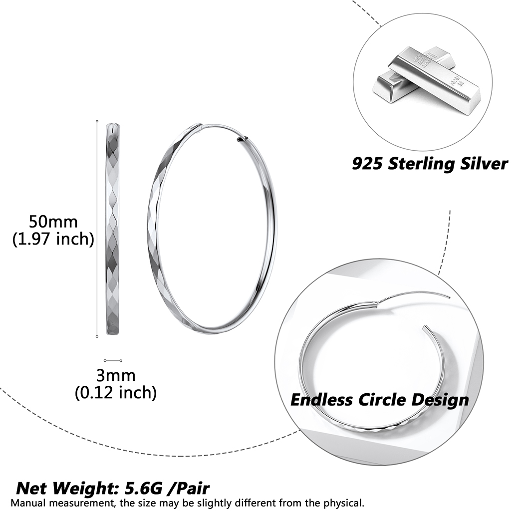 Hypoallergenic Sterling Silver Round Hoop Earrings For Women 50 detail