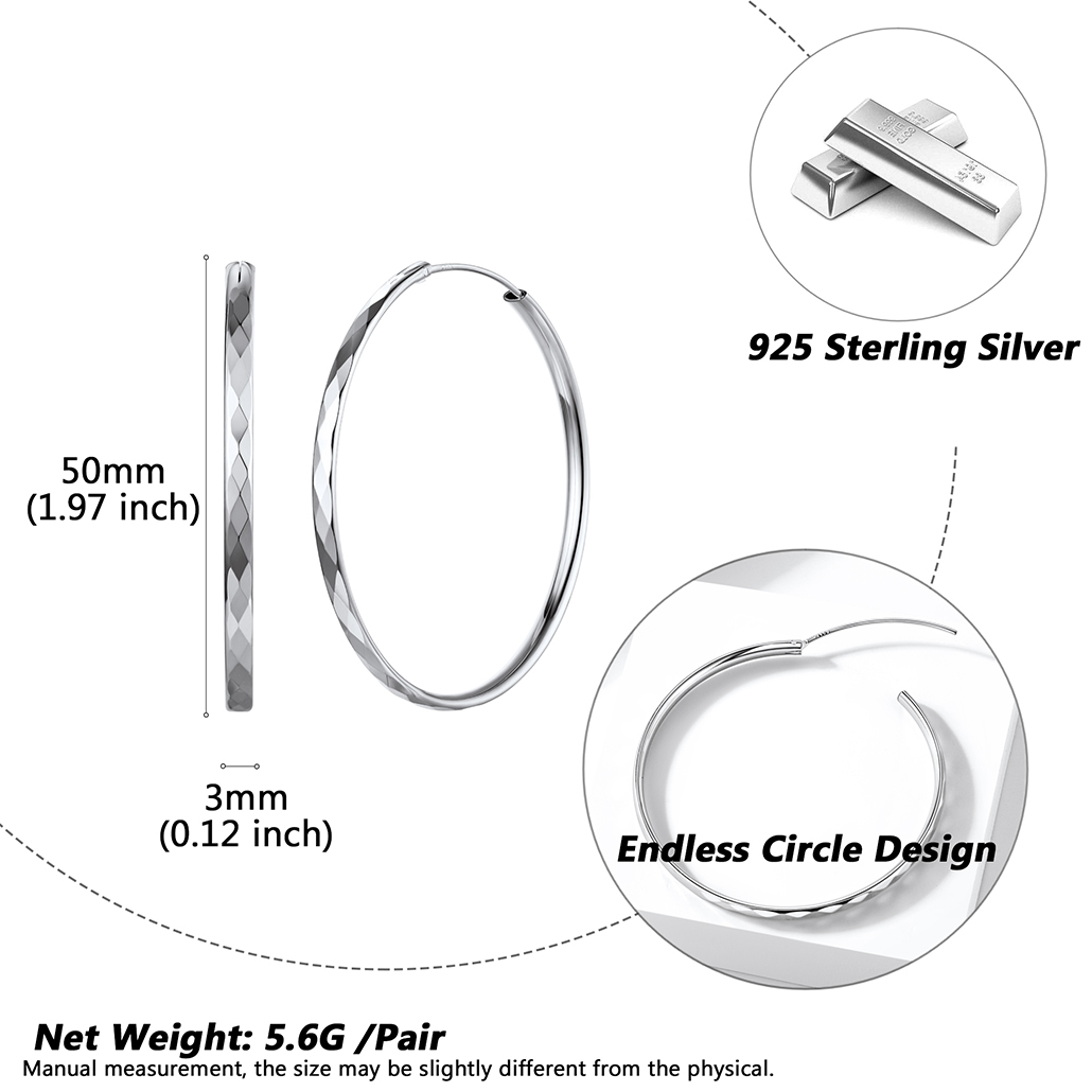 Hypoallergenic Sterling Silver Round Hoop Earrings For Women 50 detail