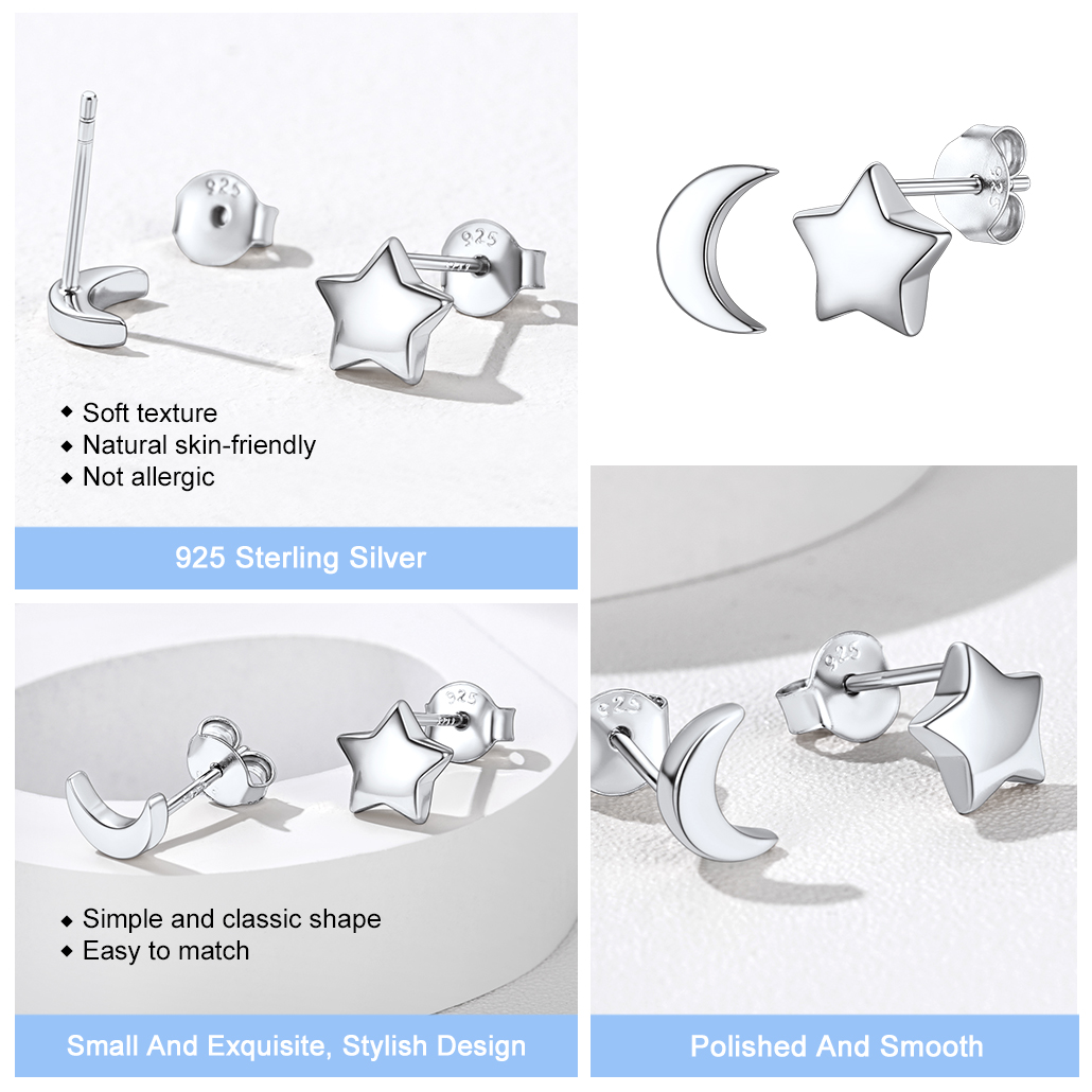 Sterling Silver Star Moon Stud Earrings