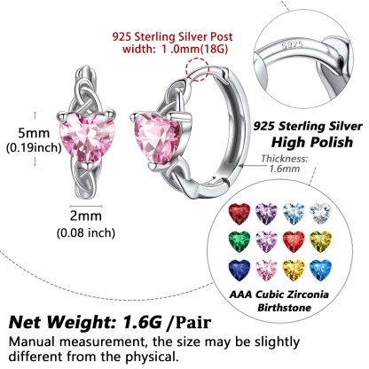  Birthstone 925 Sterling Silver Heart Hoop Earrings for Women size