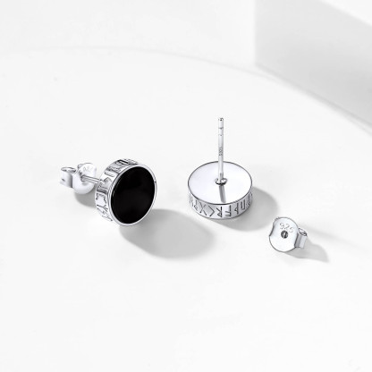 925 Sterling Silver Viking Rune Natural Black Onyx Stud Earrings