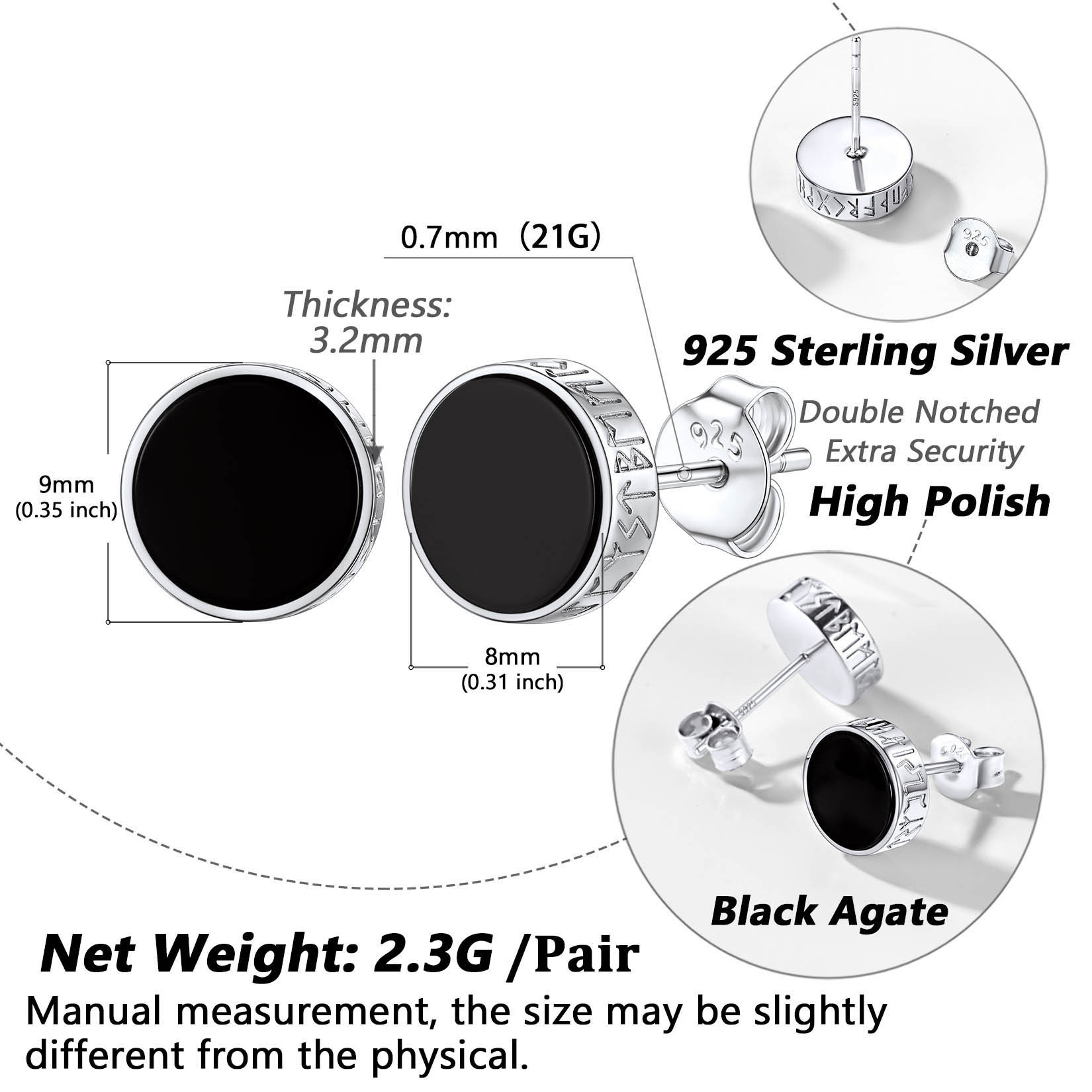 925 Sterling Silver Viking Rune Natural Black Onyx Stud Earrings size