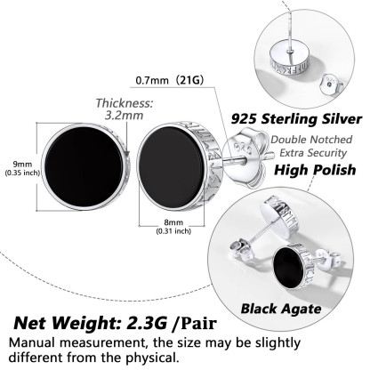 925 Sterling Silver Viking Rune Natural Black Onyx Stud Earrings size