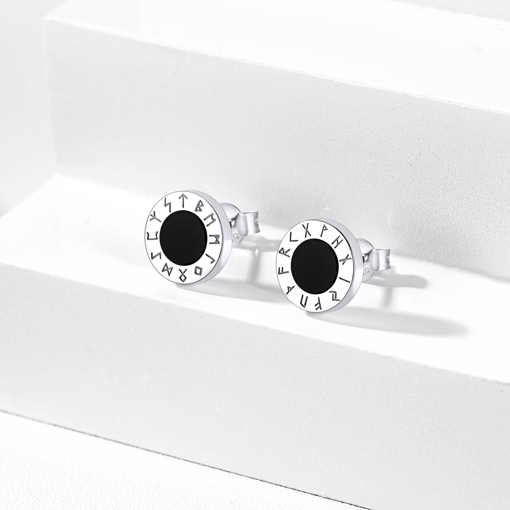925 Sterling Silver Viking Rune Natural Black Onyx Stud Earrings DETAIL